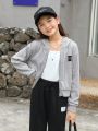 SHEIN Kids KDOMO Girls' Loose Fit College Style Hooded Cardigan