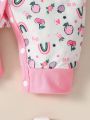 SHEIN Cute Newborn Baby Gift Set With Fruit & Rainbow Print Long Sleeve Romper Jumpsuit, Unisex Casual Style, For Spring/Summer Seasons