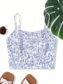 SHEIN Teen Girls' Blue And White Porcelain Printed Cami Top