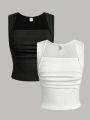 SHEIN Teen Girls' Knitted Ribbed Crop Top With Pleated Chest And Square Neckline, Casual Vest 2pcs/Set