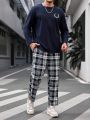 Manfinity Homme Men's Plus Size Deer Horn Printed Long Sleeve T-shirt And Plaid Pants Two-piece Set