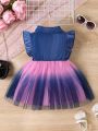 Baby Girls' Summer New Simple Denim Gradient Mesh Dress