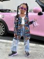 SHEIN Kids Cooltwn Girls' (little) Colorful Printed Open Front Jacket