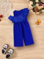 SHEIN Baby Girls' Blue Hollow Out Jumpsuit With Ruffle Trim For Summer Vacation