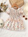 Baby Floral Print Puff Sleeve Shirred Dress