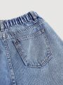 SHEIN Teen Girls' Casual Denim Skirt Pants With Fashionable Asymmetrical Hemline And Stonewashed Design