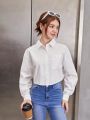 SHEIN Teen Girls' Woven Solid Color Turn-down Collar Long Sleeve Casual Shirt