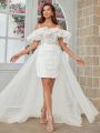 SHEIN Belle Off Shoulder Glittery Mesh & Sequin Patchwork Wedding Dress With Train