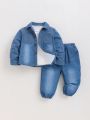 SHEIN Unisex Baby Denim-Looking Collared Button-Up Shirt And Footed Pants Set