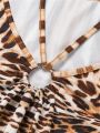 SHEIN LUNE Plus Leopard Print O-ring Detail Halter Neck Tee