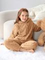 SHEIN Kids HYPEME Teenage Girls' Urban Style Knitted Solid Color Double-Sided Fleece Hooded Jumpsuit
