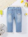 Baby Girls' Cute Retro Personality Contrasting High Waist Casual Comfortable Elastic Jeans