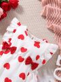 Baby Heart Print Ruffle Trim Bow Front Bodysuit