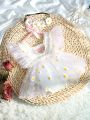 Newborn Baby Girls' Sunflower & Daisy Mesh Romper Dress & Braided Headband Outfit Set