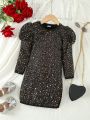 SHEIN Kids CHARMNG Little Girls' Romantic And Stunning Beaded Embroidered Sheep Leg Sleeves Christmas Dress, Perfect For Holiday Parties And Gatherings, Autumn And Winter