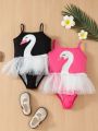 SHEIN Kids CHARMNG Young Girls' Mesh Swan Printed 2pcs Jumpsuit Set