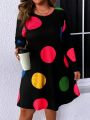 SHEIN LUNE Plus Size Colorful Polka Dot Printed Long Sleeve Dress