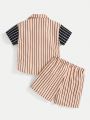 SHEIN Kids EVRYDAY Toddler Boys' Casual Striped Letter Print Comfortable Shirt And Shorts Set For Vacation And Sports