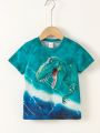 SHEIN Kids HYPEME Young Boy Casual Street Style Tie-dye Dinosaur Print Short Sleeve T-shirt, Round Neck, For Summer Holidays