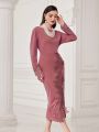 SHEIN Modely Ladies' Plain Round Neck Lace Patchwork Stylish Dress
