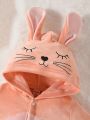 SHEIN Baby Girl Cartoon Embroidery 3D Ears Design Hooded Flannel Sleep Jumpsuit