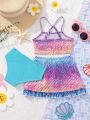 SHEIN Young Girl'S Daily Casual Wear Knitted Fishscale Printed Camisole Top With Knitted Skirt And Triangle Swimsuit 3pcs/Set