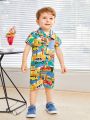 SHEIN Baby Boys' Casual Colorful Car Pattern Printed Romper With Turn-Down Collar Short Pants, Suitable For Spring/Summer Outdoor
