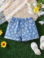 SHEIN Young Girl's Comfortable Soft Denim Shorts With Flower Print And Wash Effect