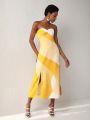 Ishaarah Slim Fit Color Block Strapless Dress With Split Hem