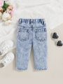 SHEIN Baby Girl's Water Washing Blue Y2k Style Pink Heart & Letter Print Fashionable Cool Ripped Jeans