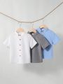 SHEIN Kids Nujoom Young Boy's Smart Three-Piece Set Of Stand Collar Weave Solid Short-Sleeved Shirt