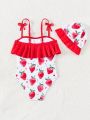 Young Girls' Strawberry Print Ruffled Cami One-Piece Swimsuit And Swim Cap