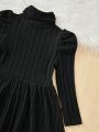 SHEIN Kids Nujoom Girls' Vintage Retro Stand Collar Ribbed Long Sleeve Dress