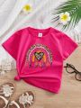 Young Girl'S Casual Heart & Letter Print Short Sleeve T-Shirt, Suitable For Summer