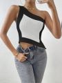 SHEIN BAE Color-Blocked Rib Knitted One Shoulder Top