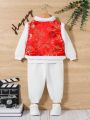 SHEIN Baby Boys' Chinese Style Round Neck Fleece Sweatshirt, Long Pants And Vest Set