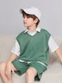 SHEIN Kids EVRYDAY 3pcs/Set Loose Fit Casual Shirts, Knitted Vests And Shorts For Tween Boys
