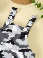 Baby Boy Solid Color Short Sleeve T-Shirt And Camouflage Printed Overalls Set
