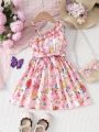 SHEIN Kids EVRYDAY Young Girls' Woven Floral Print One Shoulder Cami Ruffle Hem Loose Fit Casual Dress