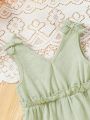 SHEIN Baby Girls' Casual Green Sleeveless Romper With Bowknot & Shorts