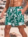 SHEIN Men'S Drawstring Waist Beach Shorts With Plant Print