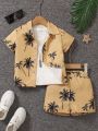 SHEIN Kids SUNSHNE Young Boys' Palm Trees Printed Short Sleeve Shirt And Shorts Set