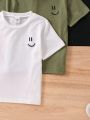 SHEIN Kids EVRYDAY Boys' Casual Smiling Face Graphic Printed Round Neck T-Shirt For Summer
