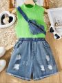 SHEIN Kids QTFun Tween Girls' Cute & Cool 3pcs Green Vest & Denim Shorts & Crossbody Bag Set