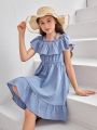 SHEIN Kids SUNSHNE Tween Girls' Solid Color Loose Fit Casual Dress With Ruffled Hem And Gathered Waist