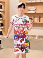 2pcs/Set Street-Style Teen Boy Casual Outfit With Letter & Cartoon Character Print T-Shirt And Shorts
