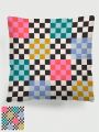 Tartagain 1pc Vintage Geometric Colorful Grid Pattern Printed Velvet Pillowcase, Suitable For Home Decoration, Sofa Cushion, Car Cushion, Pillow Cover Replacement