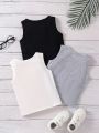 SHEIN Kids EVRYDAY Toddler Boys' Basic Black/White/Grey 3pcs Vest And Top Set