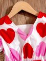 Little Girls' Romantic & Lovely Heart Pattern Printed Comfortable Party Short Sleeve Romper For Summer