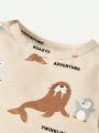 Cozy Cub Baby Boys' Cartoon Cute Seal & Penguin Pattern Striped Round Neck Top With Front Buttons 3pcs/set